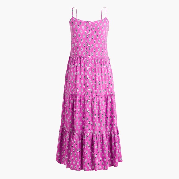 New JCREW Size 4 Strappy Tiered Midi Dress in Festive Pink Baltic Blu $118 CK847 - Picture 1 of 5
